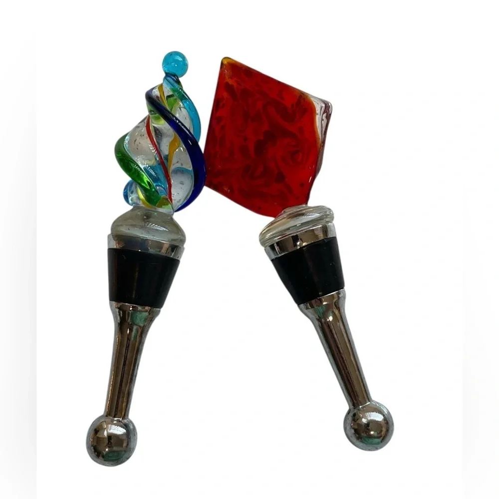 Hand Blown Art Glass Wine Bottle Stoppers Set of 2 Colorful Barware Gift Decor